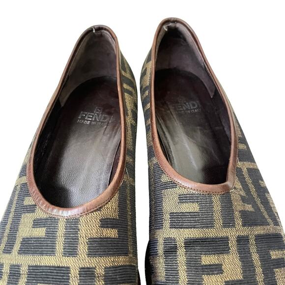Fendi Brown FF Canvas Leather Slip On Block Heel Shoes Size 7.5 - Picture 5 of 6